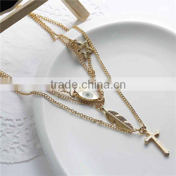 New Fashion Multilayer Layered Necklace Gold Plated With Feather Cross Eye Star Pendants 44.5cm long