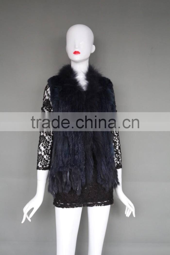 Wholesale Rabbit Fur Vest/ Gilet For Fashion Ladies/Women Knitted Coat With Raccoon Fur Collar