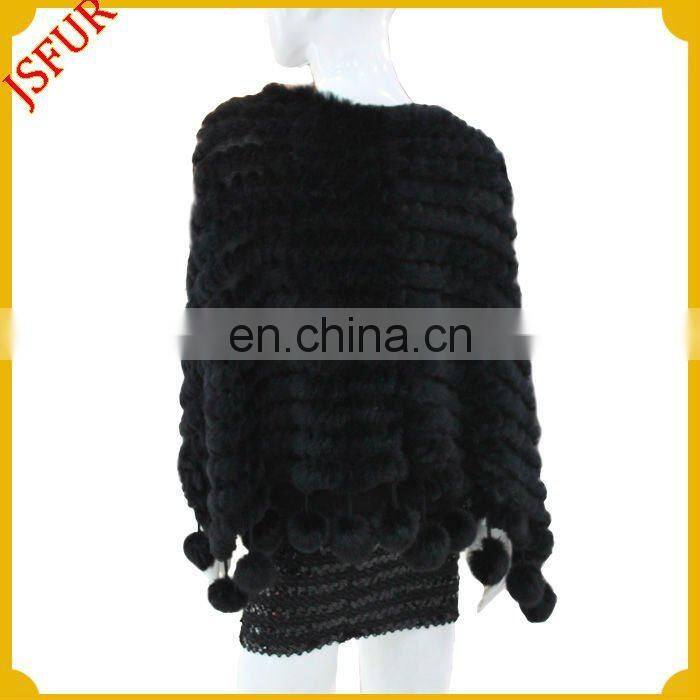 2014 Fashion women black rabbit fur knitted girls poncho sweater