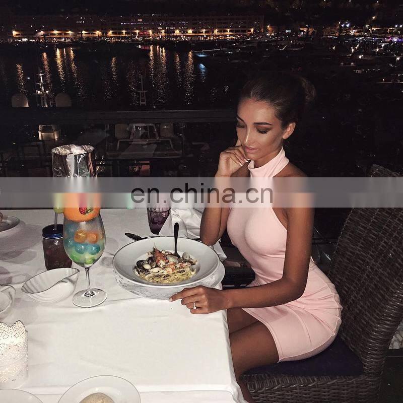 Amigo 2017 new designer pink halter backless sexy XXX bandage dress midi evening dresses for women party wear