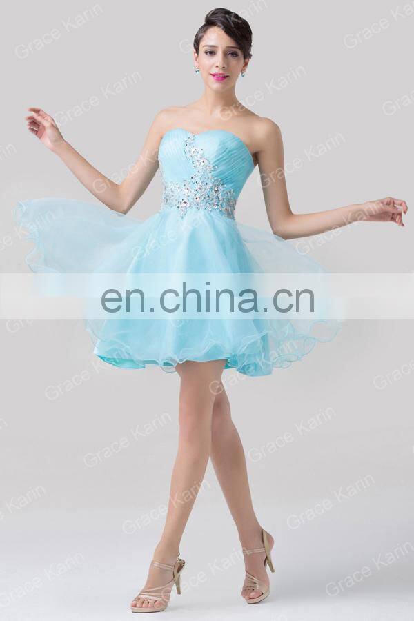 Newest Design of Grace Karin Strapless Short Blue Cocktail Dresses With Shining Rhinestone CL6178
