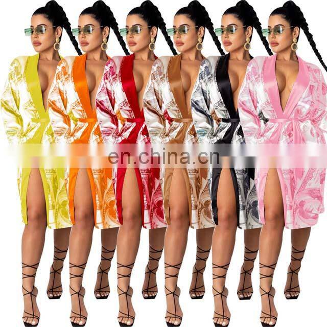 Hot Sell Satin Money Print Silk Robes Women Sexy
