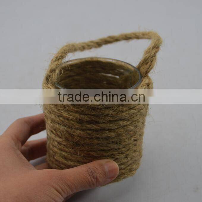 2015 new designs hanging hemp rope Wrapped glass candle holders glassware for candles