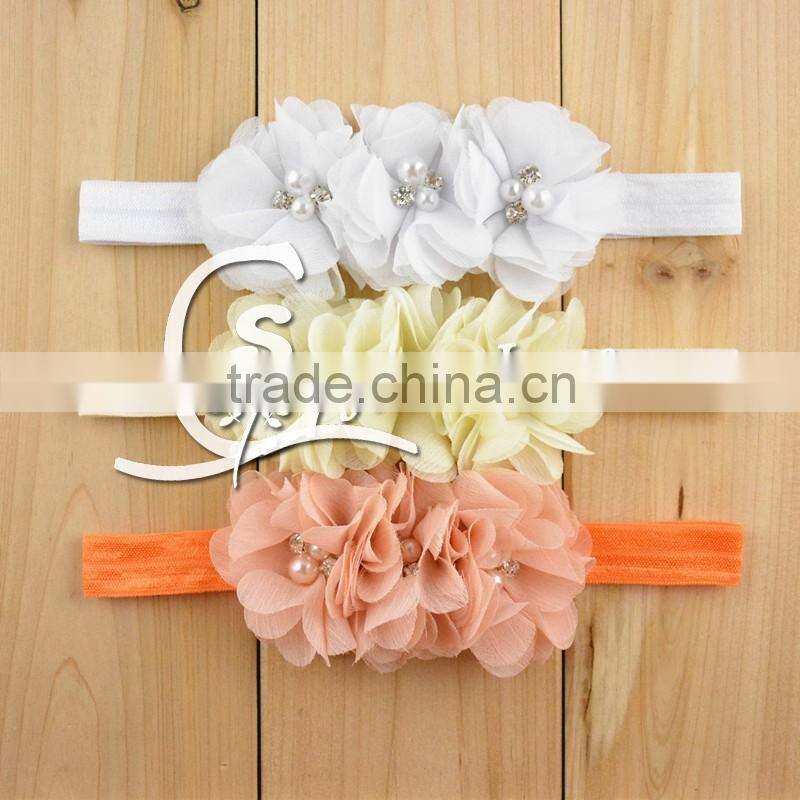NEW grosgrain ribbon Baby Headbands with three pearls rhinestone flower / chic women skirt waistband accessories clothing collar