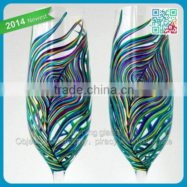 Peacock Feather Wedding Flutes Set of 2 Personalized Hand Painted glass champagne flute