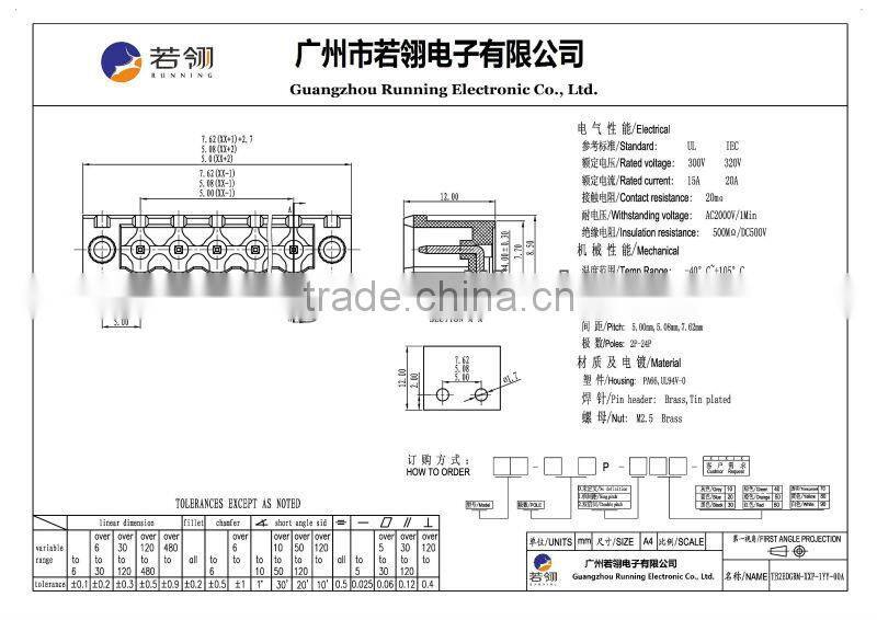 Electronical Nut Brass Pluggable Terminal Block Pitch 7.50mm
