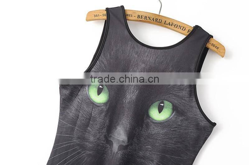 lady clothing backless black cat image printed fabric swimming wear for girls