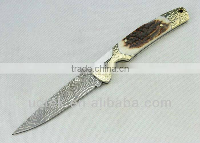 Antler + Brass Handle OEM Damascus Steel Folding Knife Collection Knife Hand Tool UDTEK01304