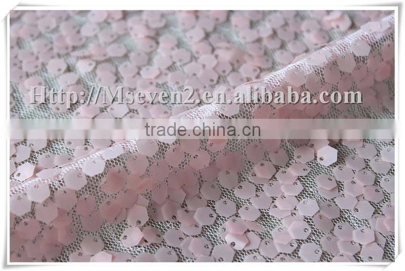 China best selling embroidery square sequin embellished fabric in pink color