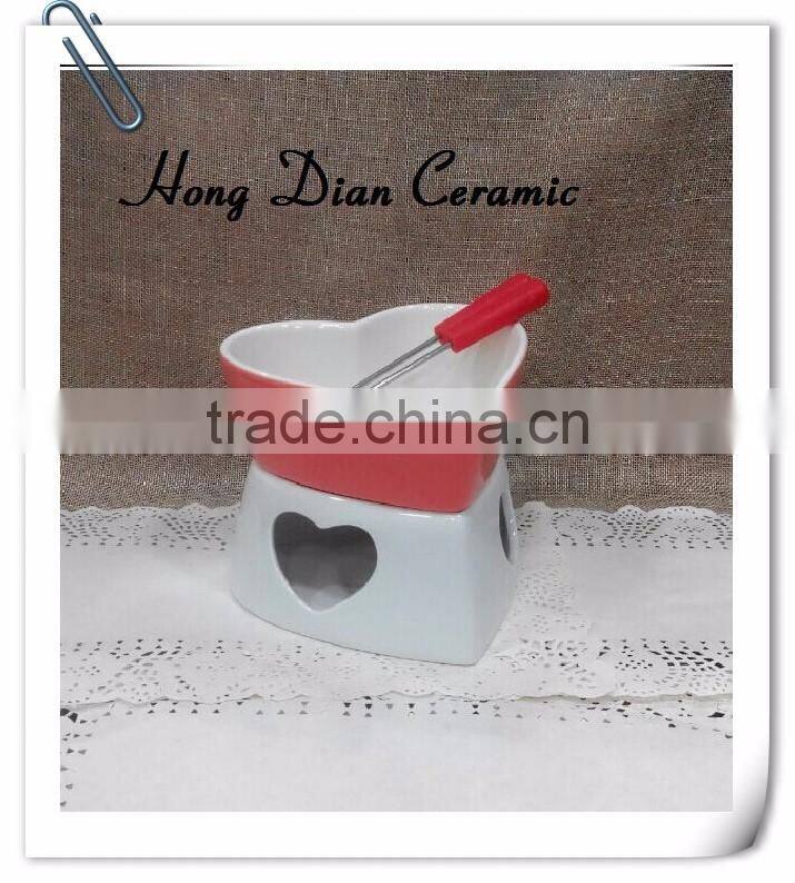 fondue shape heart set ,Red Chinese Heart Shape Ceramic Chocolate Fondue
