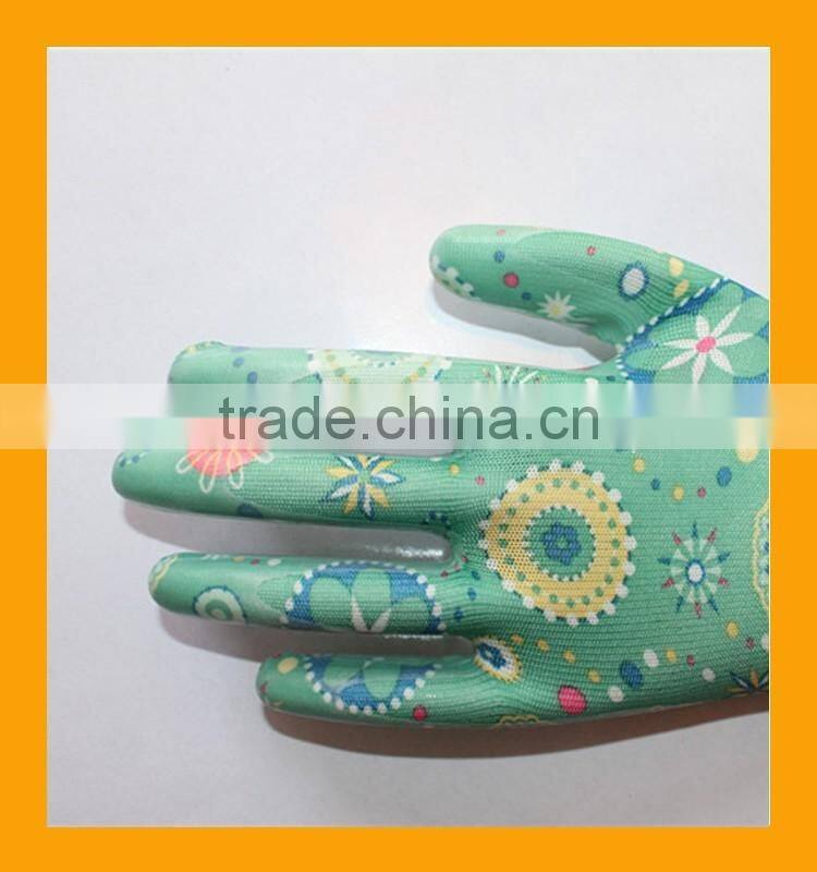 Polyester Printing Transparent Nitrile Palm Coated Garden Working Gloves