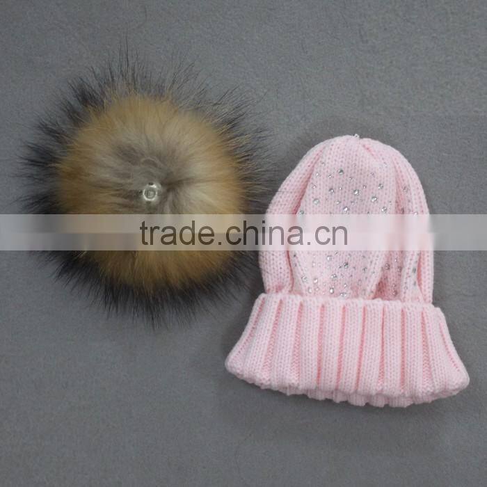 Myfur Baby Pink High Quality Wool Acrylic Knitting Hat and Cap with Raccoon Fur Ball Wholesale