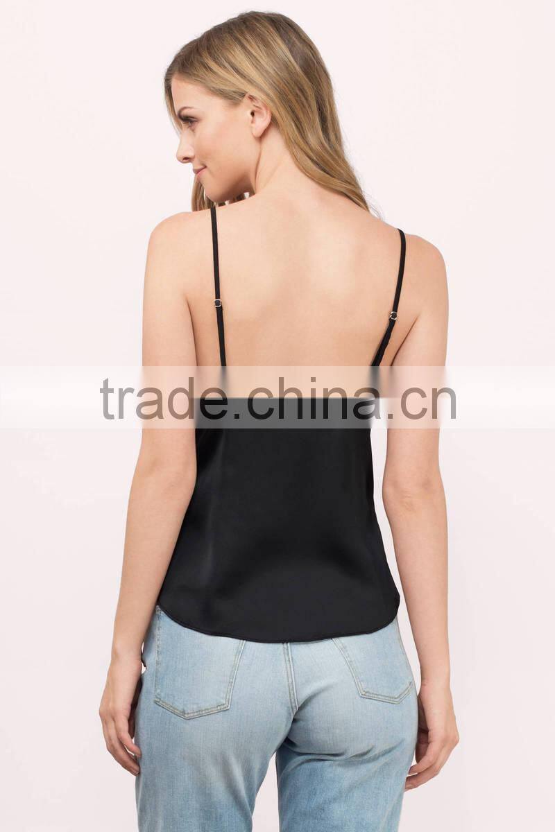 2017 latest fashion design wholesale black sexy tank top satin blouse