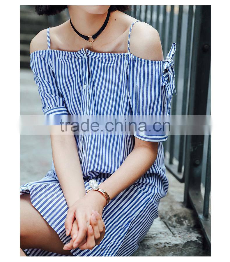 Dresses 2017 summer blue stripe one off shoulder dress lazy and comfortable fashion summer street style daily dress