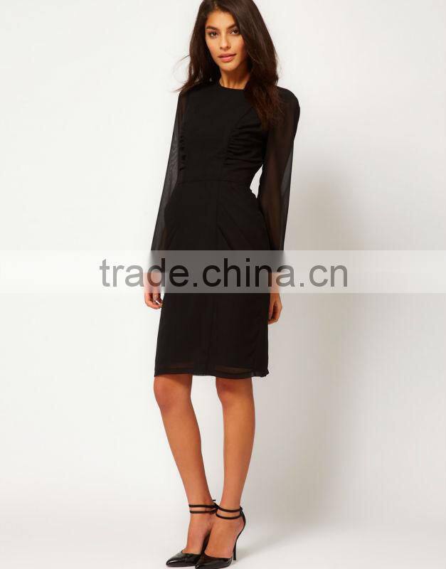 Pencil Dress With Ruched Side Panels And Lace Cuff Detail