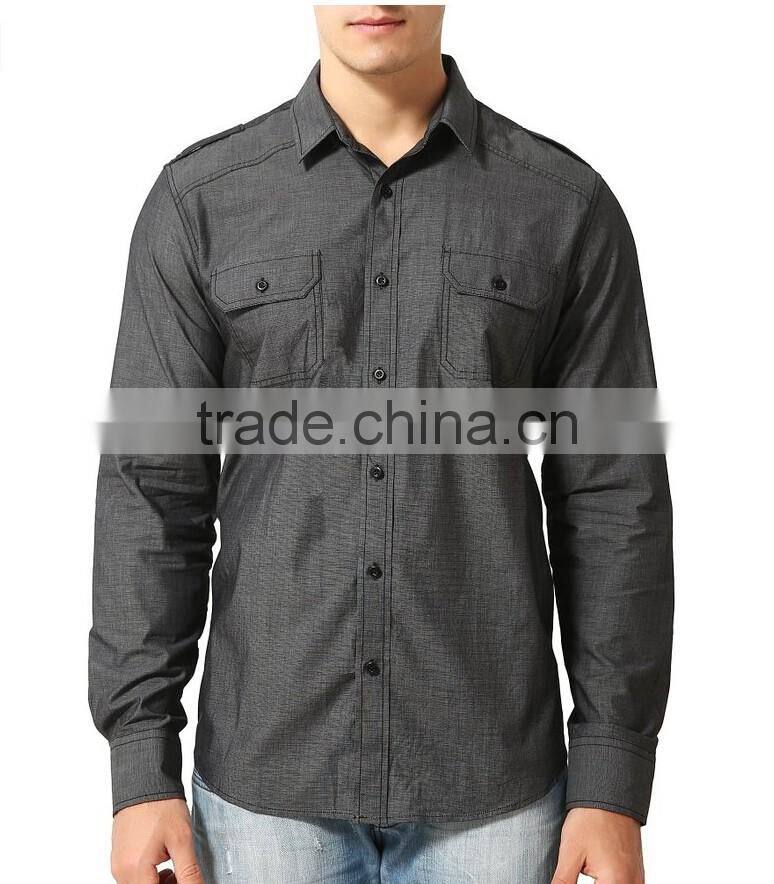 Mens Grey Twill Chambray Long Sleeve Button Casual Dress Shirts Classic Fit