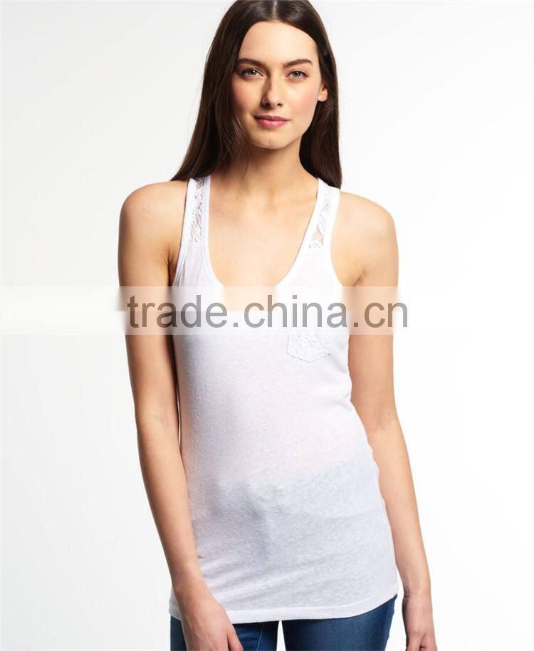 2017 Shandao New Sample Daily Wear Summer Casual Sleeveless Round Neck Slim Pocket With Lace Pink Cotton Women Tank Top