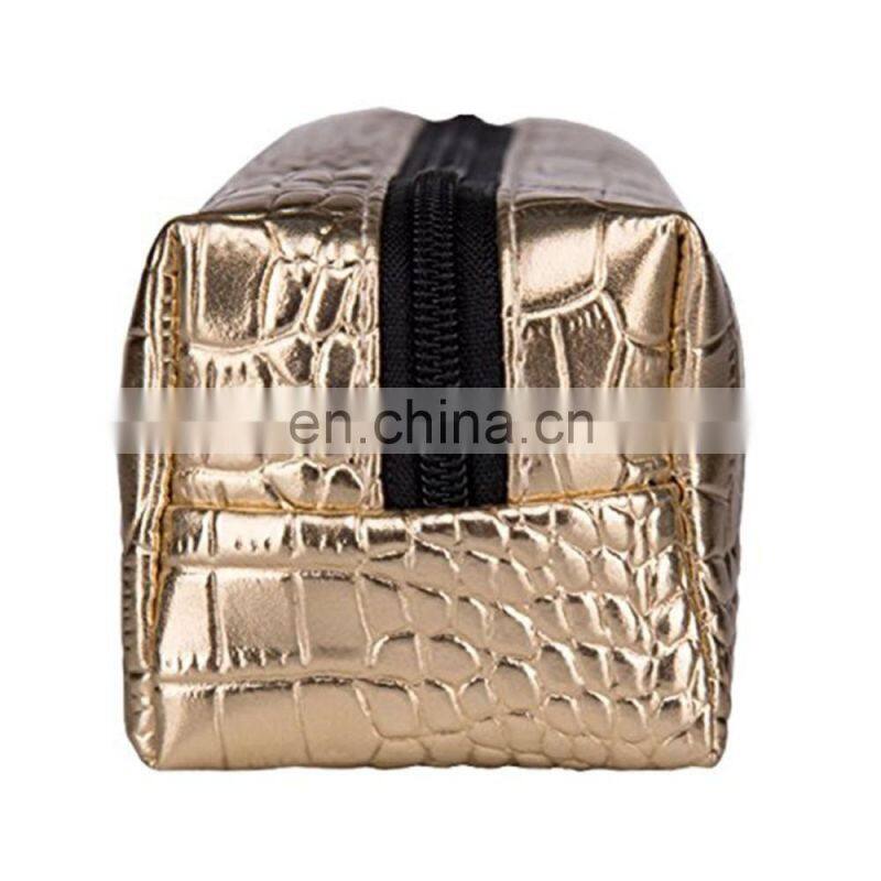 Square Pattern Pen Organiser Travel Golden PU Leather Pencil Case