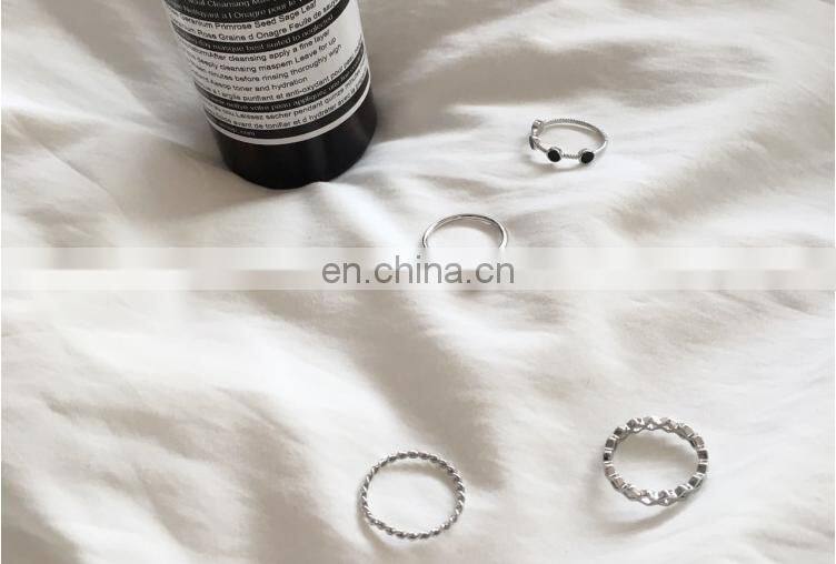 4PCS/Set Fashion Jewelry Black Bead Ripple Hollow Silver Rings For Women Knuckle Joint Ring Set