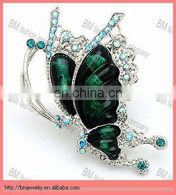 Green enamel rhinestone butterfly jewelry brooch