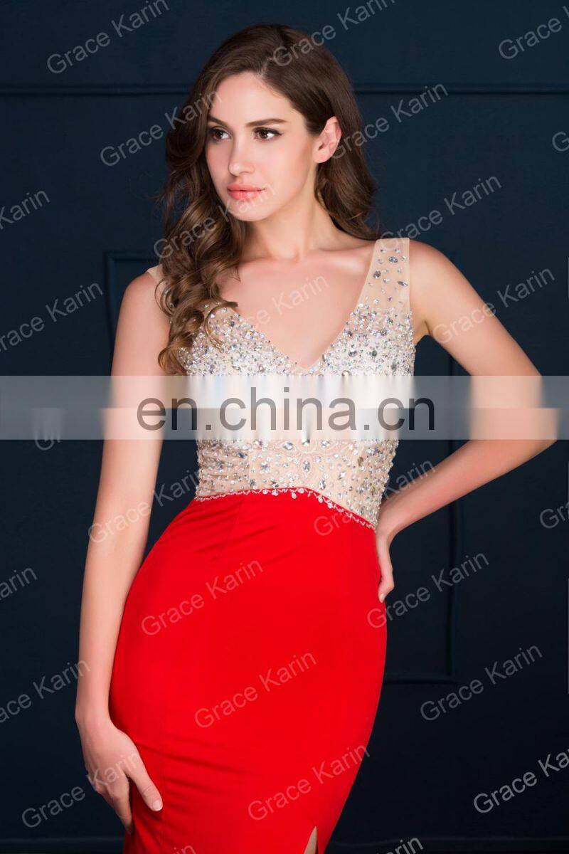 Grace Karin Women Sexy Backless V-Neck High-Split Shining Rhinestone Sequins Red Long Prom Dresses CL008914-1