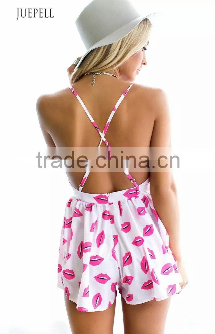 hot selling summer red lips printed condole jumpsuits
