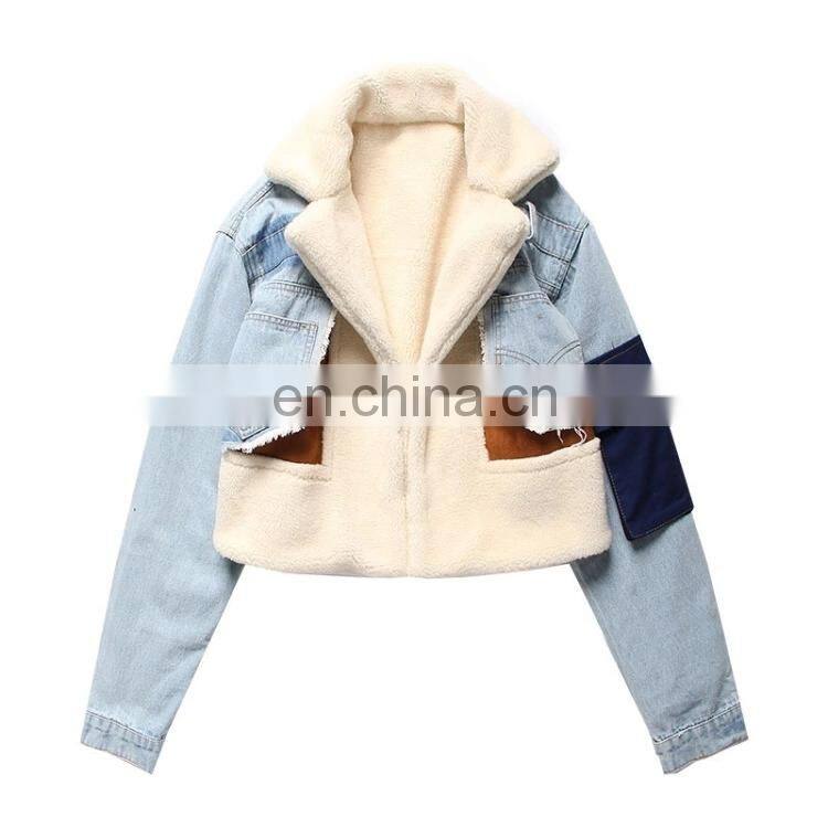 Custom LOGO High Quality denim windbreaker jacket lined with fleece coats wool jackets With Patches For Women's coat