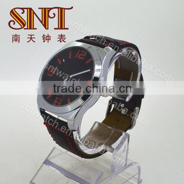 Sport quartz watch black leather strap with red lines