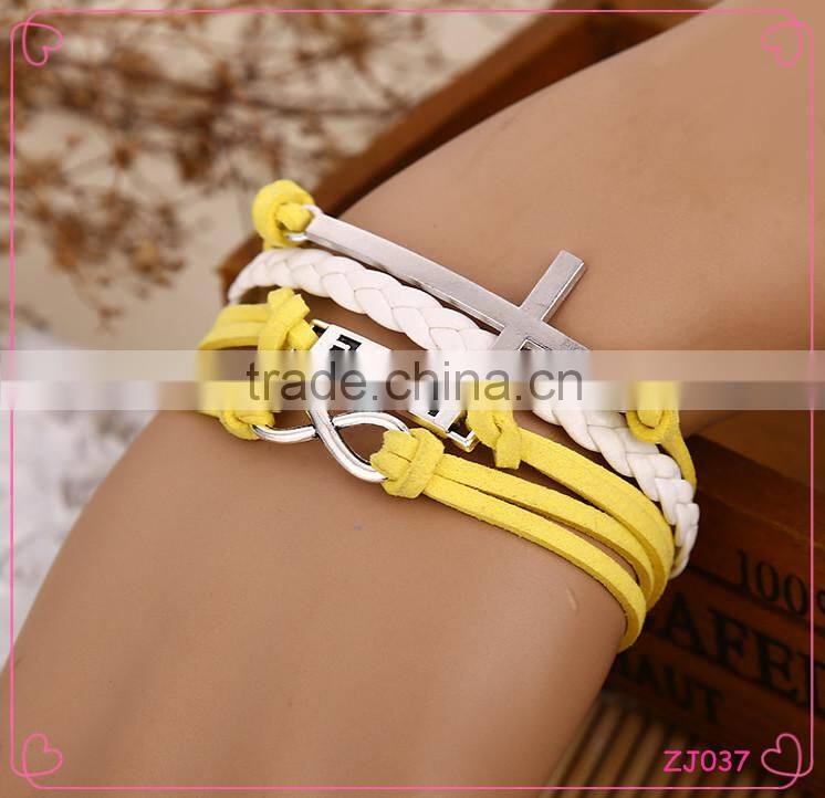 Mixed-Color Fashion Cross 8 word Leather&Nylon Charm Infinity Bracelet/Hand chain Alloy jewelry