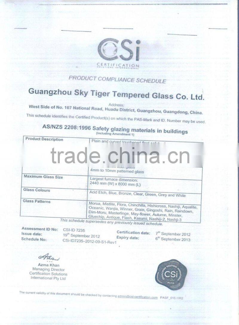 Guangzhou supply Popular silk sreem glass for table ,bus shelf with high quality
