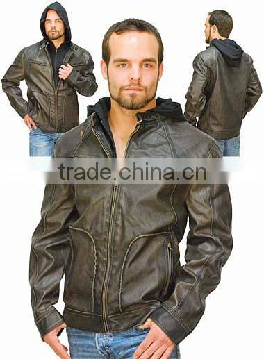 2015 New fashion Brown Distressed Jacket with Removable Hood Jacket for mens motorbike leather jacket