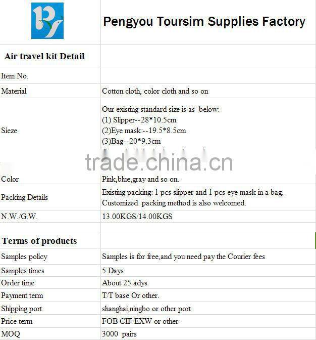 2015 Convenient to carry slipper and practical eye mask for Air travel kit