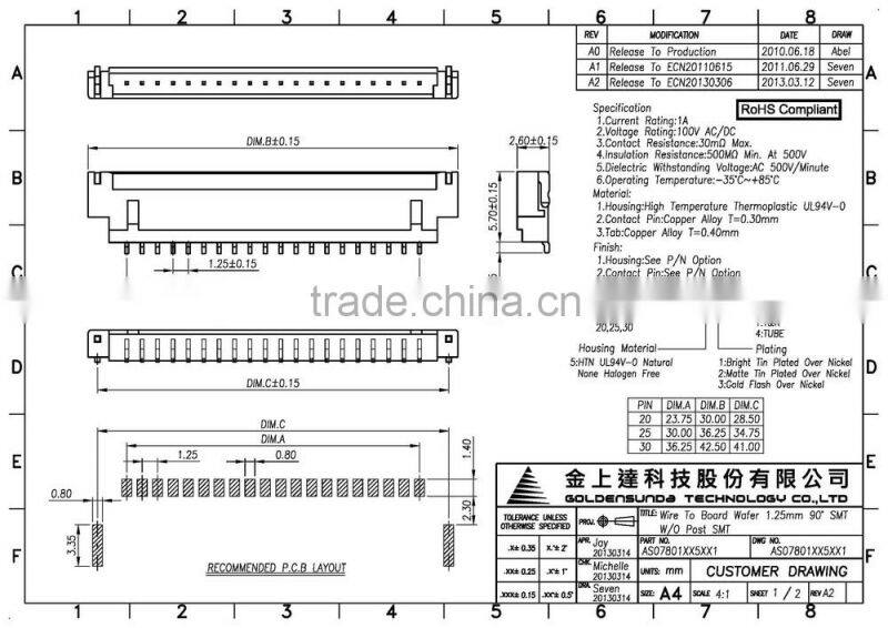 1.25mm pitch SMT Wire to Board 20 Pin Connector 20, 25, 30 Pin Available