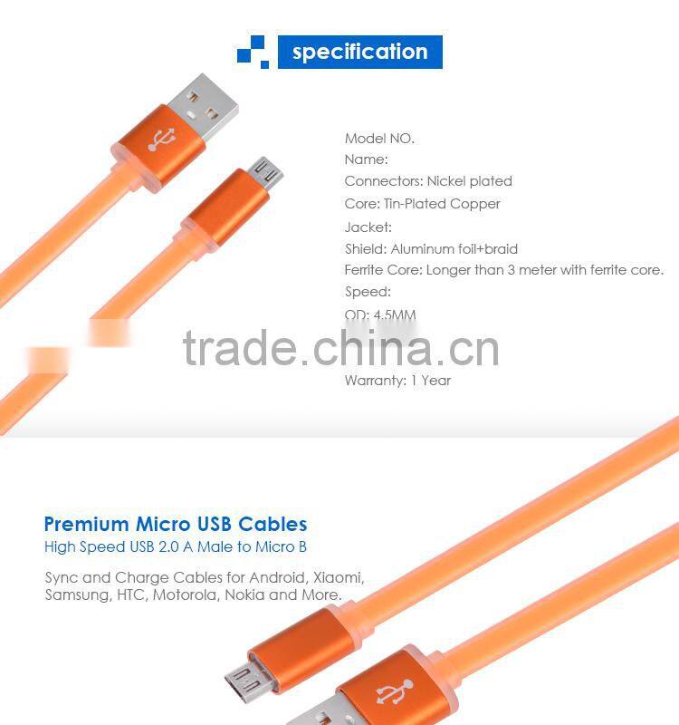 Colorful Soft TPE transparent Flat Micro USB cable for mobilephone/tablet PC