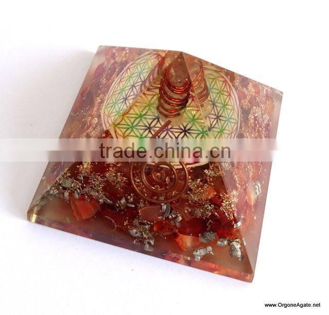Chakra Pyramid | Big Orgone Red Carnelian Pyramid With Flower Of Life Symbol And Crystal Point | Reiki Products