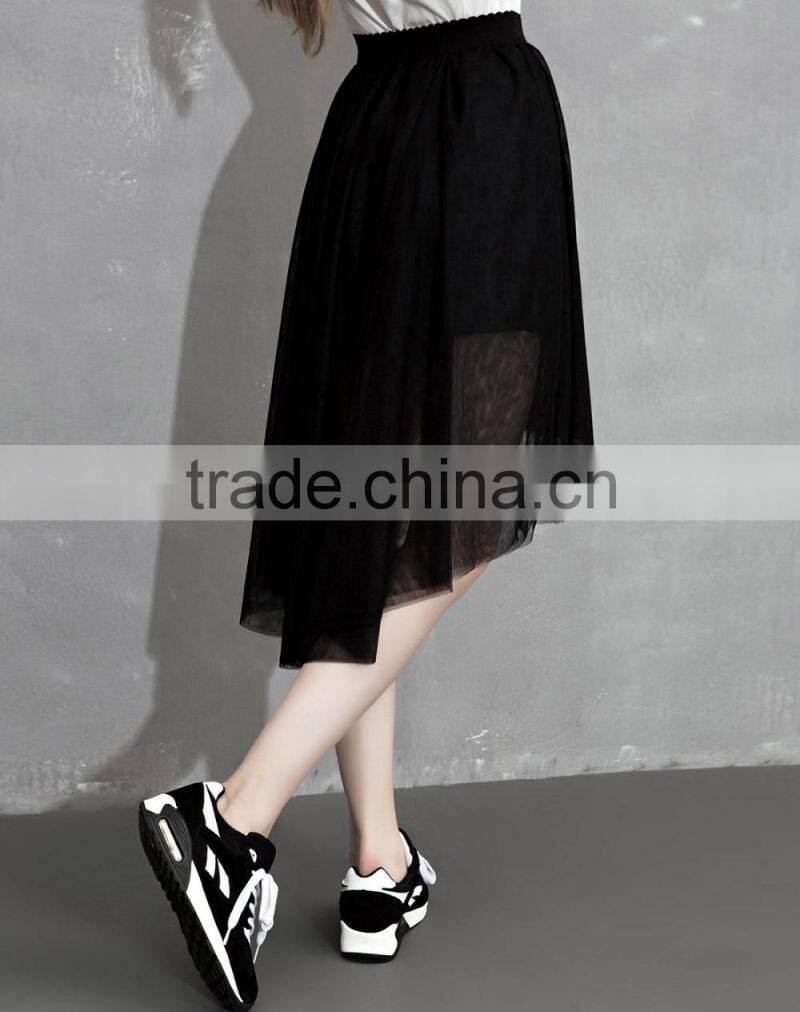 2016 Lace Skirt For Women Black Asymmetric Net Yarn Irregular Midi Skirt