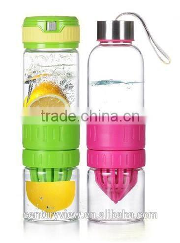 Beautiful design clear borosilicate sport glass water bottle with colored plastic lid