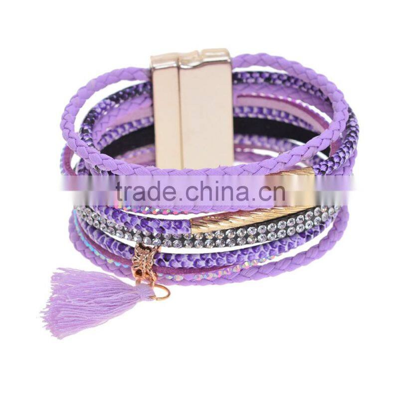 New Tassel Crystal Leather Bangle Fashion Rhinestone Wrap Leather Bracelet Multilayer bangles