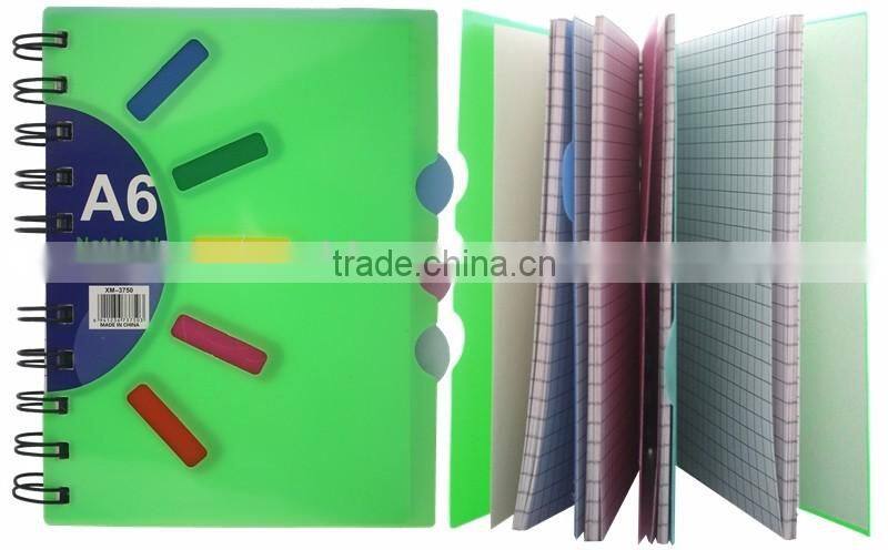 Cheap plastic cover spiral note book with colored PP dividers
