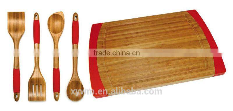 Bamboo Cutting Board and 5 Piece Kitchen Tools with Silicone Handles