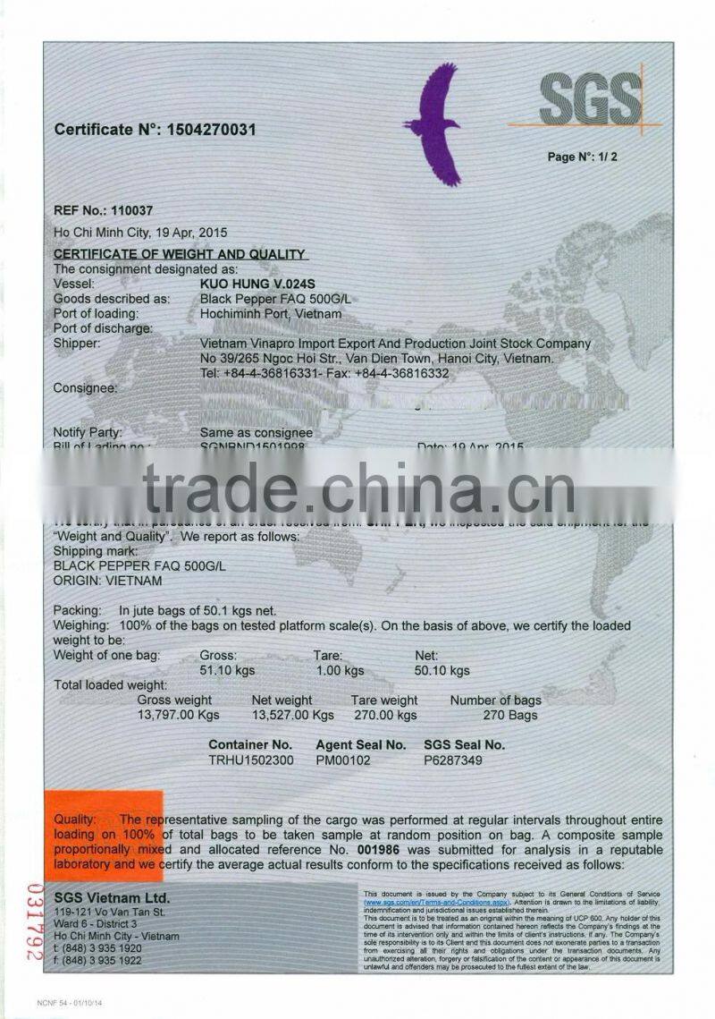 VIETNAM BLACK PEPPER FAQ 500GL GOOD RATE