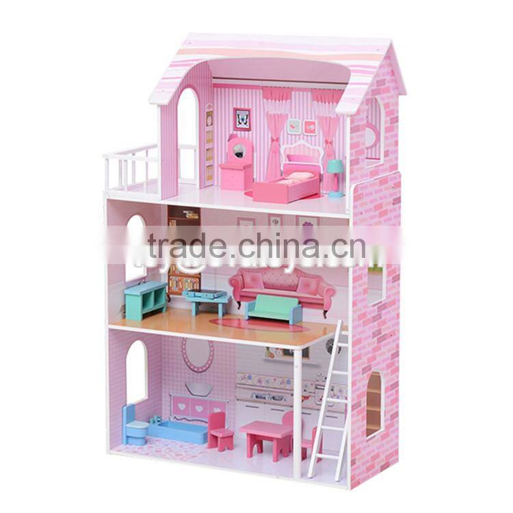 New design 13 pieces of furniture 3 floor pretend play pink wooden cottage dollhouse for children W06A230