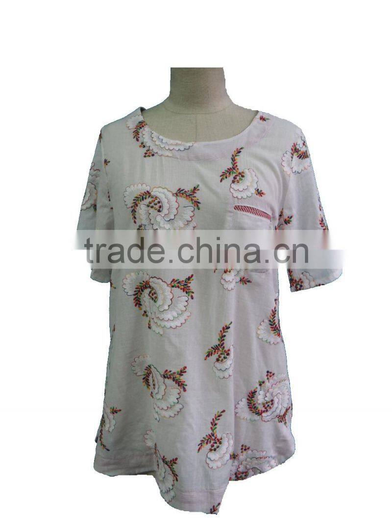 Floral Hand Embroidery Designs Round Collar Short Sleeve with Front Pocket Blouse Tunic Dress