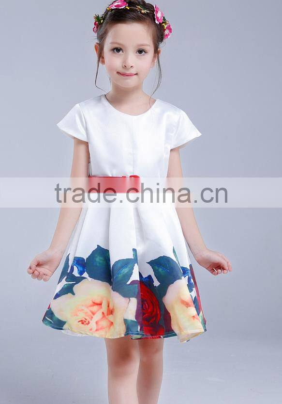 Wholesale Girls skirt 2016 summer new short-sleeved large flower girl print dresses ruffle princess skirt with belt