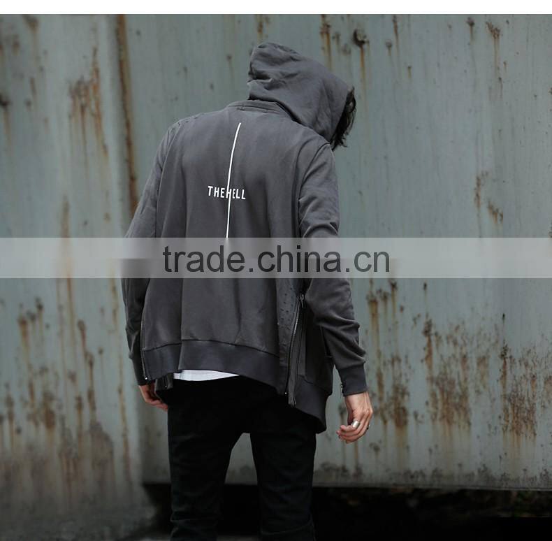 2017 Fashion Mens Long Plain Hooded Sweatshirt Side Slit Zipper Men's Hoodie Sweatshirts