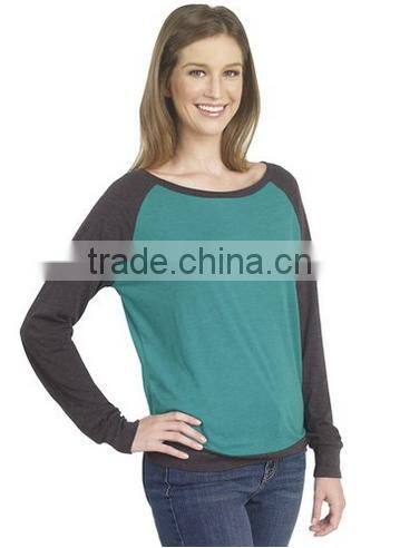 Factory Direct Wholesale Women's Cotton Poly Contrast Raglan Long Sleeve Pullover