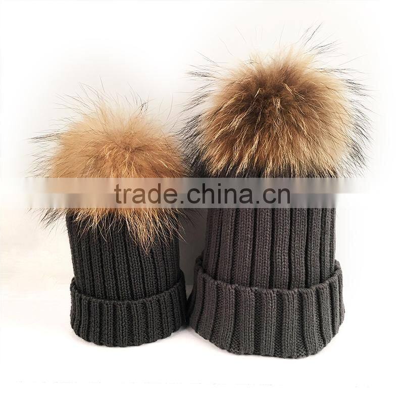 Myfur Dark Gray Wool Knitting Hat Couple Cap with Raccoon Fur Pompom