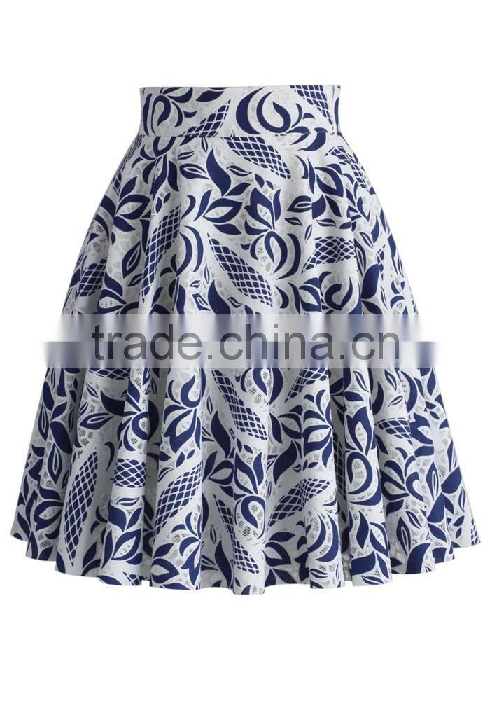 2016 Guangzhou Shandao Manufacturer High Quality Women Summer Ruffle A Line Vintage Printed Satin Pictures Fashionable Skirts