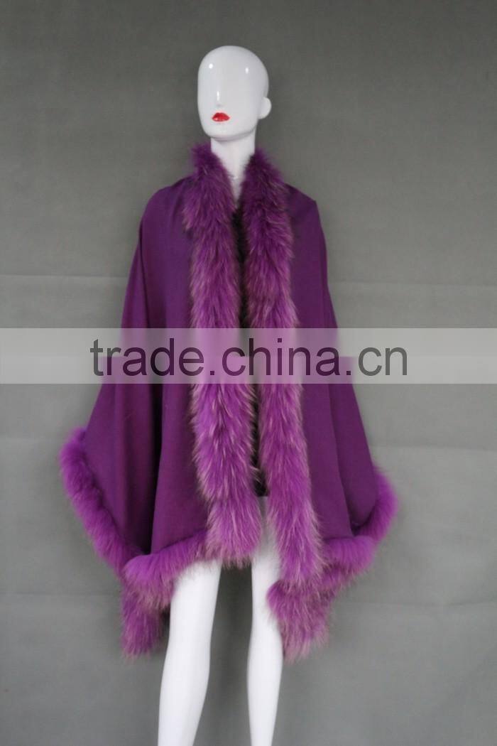 Wholesale Ladies Latest Cashmere Shawl & Fur Cape With Raccoon Fur Trims