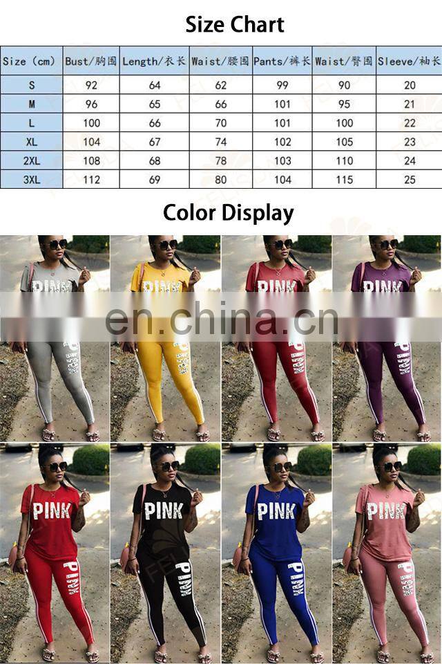 Custom Pink Letter Print Sweatsuit Women Set Plus Size Set Short Sleeve Tops Skinny Pant Tracksuit Fall Casual 2 Piece Set